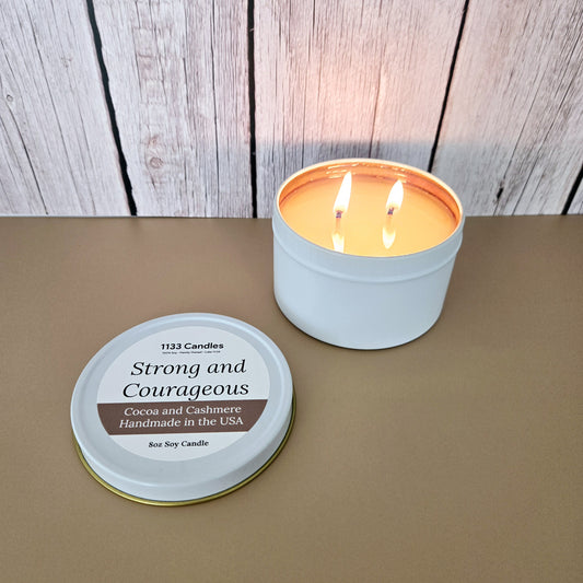 8oz Cocoa and Cashmere Soy Candle | Strong and Courageous