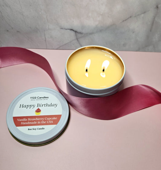 8oz Happy Birthday Candle - Vanilla Strawberry Cupcake - Birthday Gift For Her