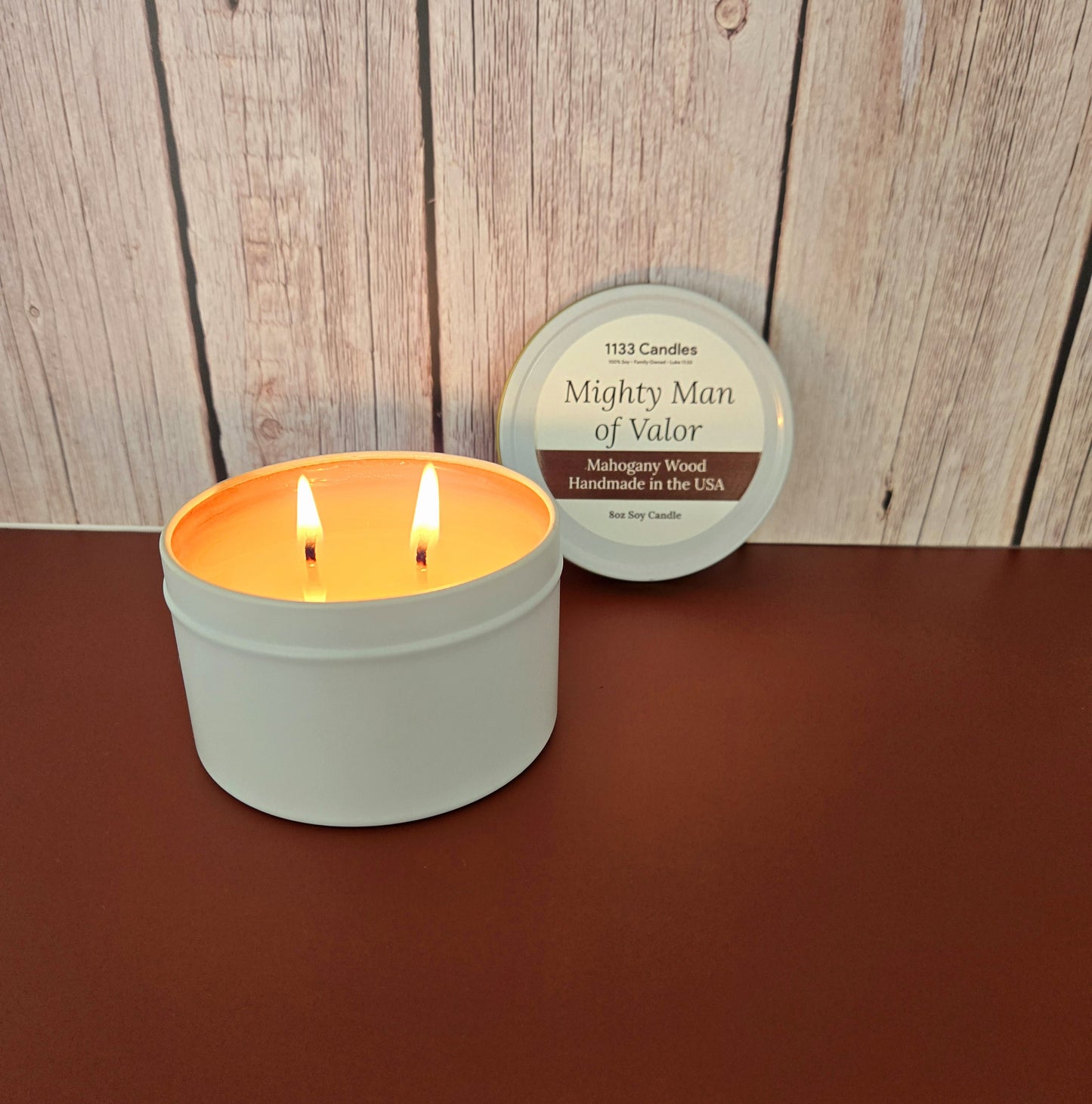 8oz Mahogany Wood Candle | Mighty Man of Valor Candle for Men