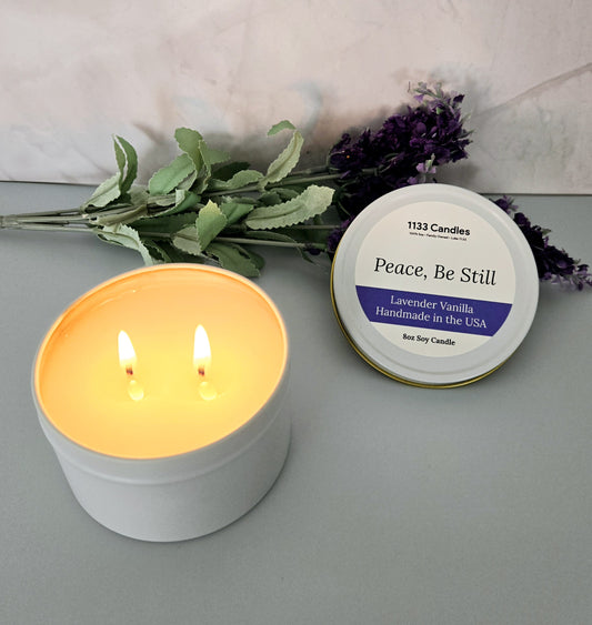 8oz Lavender Vanilla Soy Candle | Peace Be Still Scripture Candle