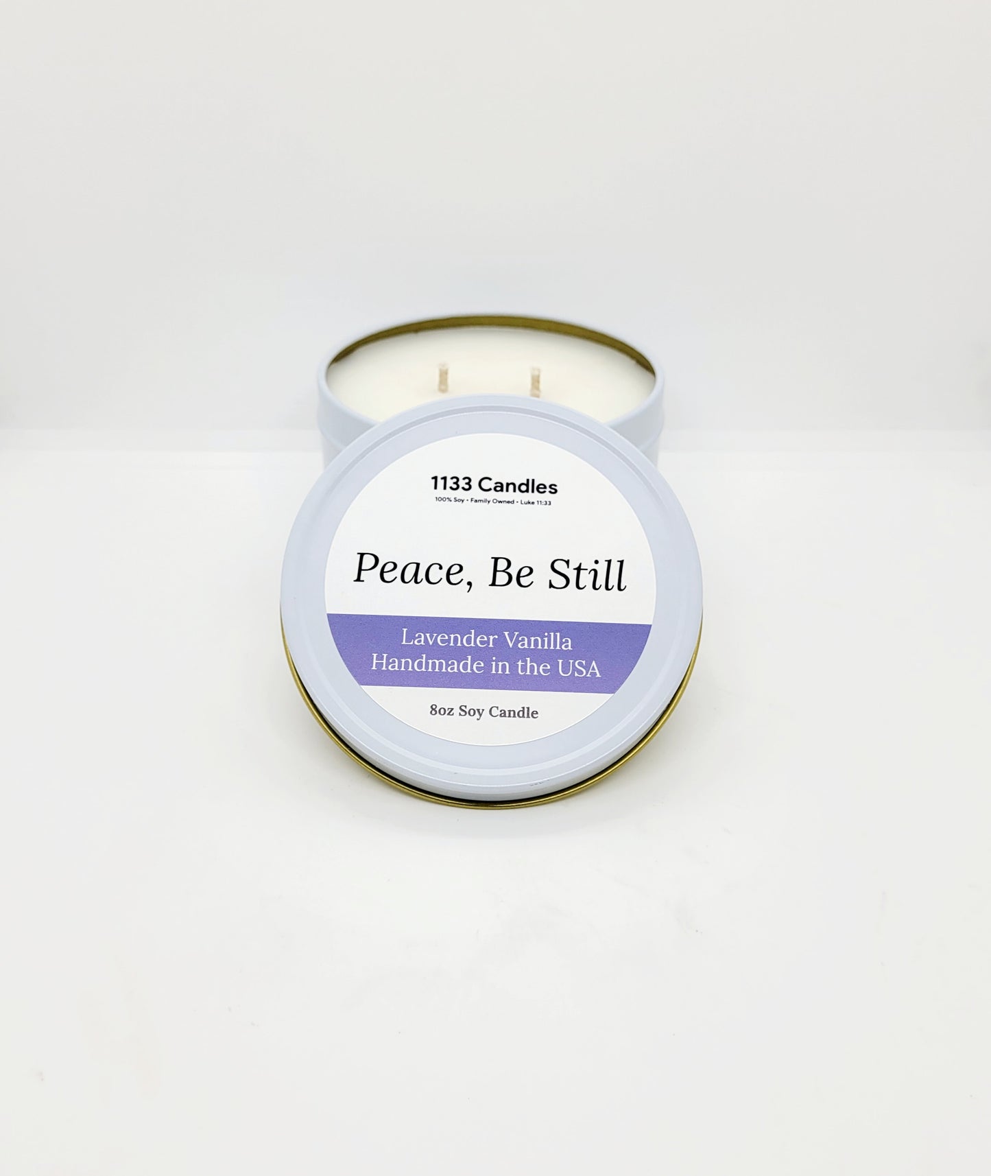 8oz Lavender Vanilla Soy Candle | Peace Be Still Scripture Candle