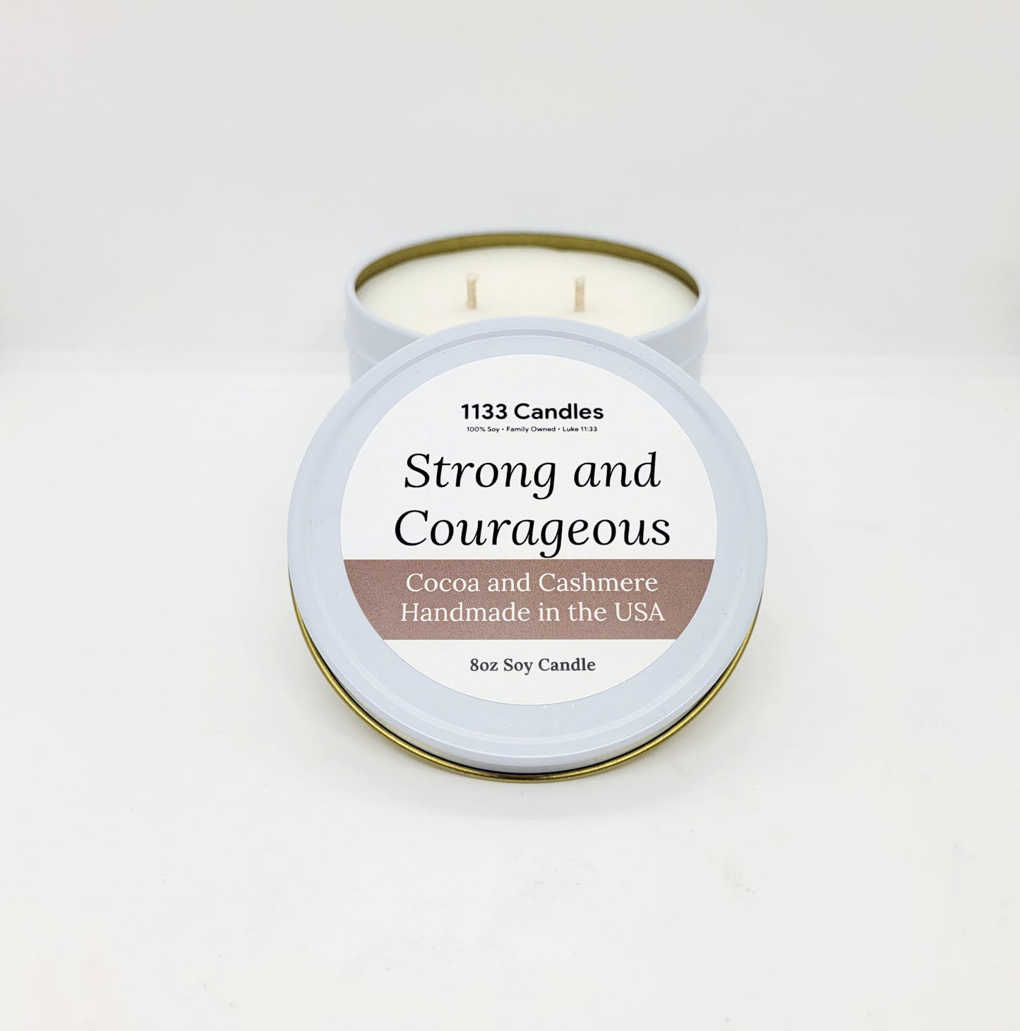 8oz Cocoa and Cashmere Soy Candle | Strong and Courageous